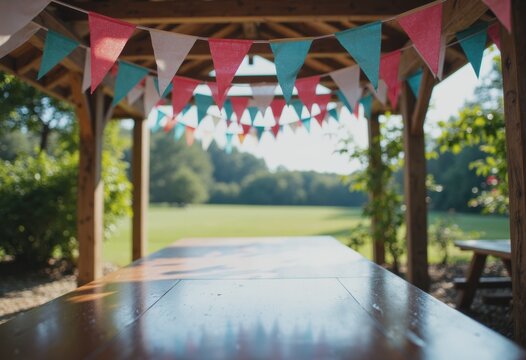 Colorful bunting line above a wooden table at a picnic pavilion