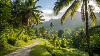 Obraz premium Tropical paradise: a scenic summer road winds along the coast, lined with palm trees swaying over the sandy beach and the turquoise sea