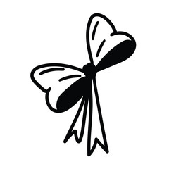 Cute sketch bow, festive ribbon black white, minimal vector, party decor, fashion accessory symbol, invitation template.