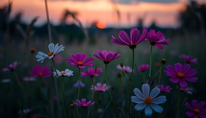 Beautiful cosmos flowers field at sunset nature photography wallpaper background image hd