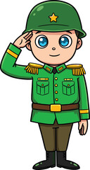 Cartoon boy soldier saluting in green army uniform, military costume character, patriotic kid, cute armed forces illustration, children’s hero concept