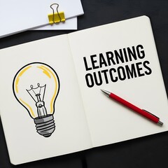 Bright idea lightbulb and learning outcomes text written in notebook