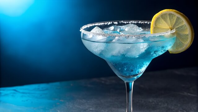 Blue Margarita Cocktail with Salt Rim, Lemon Garnish, and Ice Cubes – Refreshing Beverage and Elegant Presentation Symbolism, Food Theme, Abstract Nightlife Mood, flavor, celebration, cool, indulgence