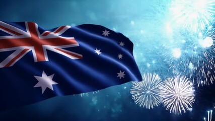 Australian flag waving in pink fireworks display