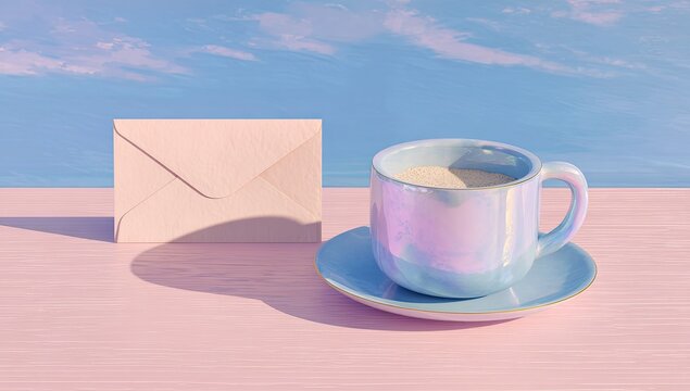 Pastel-toned still life of a coffee cup and envelope on a light pink table, against a soft blue sky backdrop - Powered by Adobe