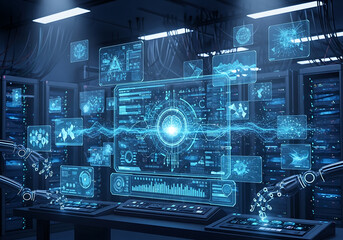 Futuristic glowing blue digital interface with complex data streams and robotic arms in a server room environment