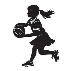 Fototapeta premium Vector art of silhouette of a young girl playing basketball, dribbling the ball while running