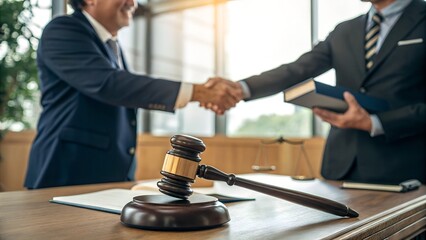 Business Handshake with Legal Book and Gavel in Office Setting – Agreement and Judicial Resolution Symbolism, Law Theme, Abstract Negotiation Moment, settlement, contract, justice, partnership, author