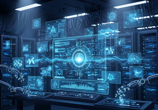 Futuristic glowing blue digital interface with complex data streams and robotic arms in a server room environment
