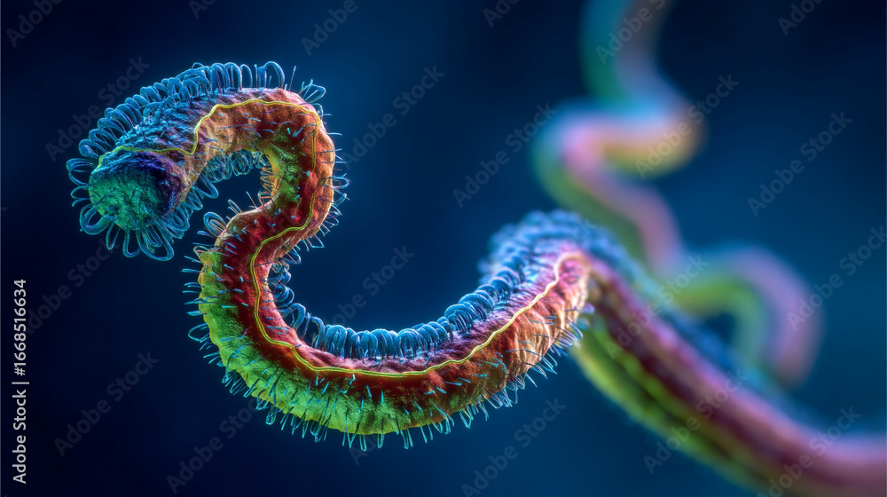 Poster close up view of a colorful ebola virus particle against a dark blue gradient background
