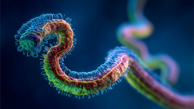 Close up view of a colorful ebola virus particle against a dark blue gradient background