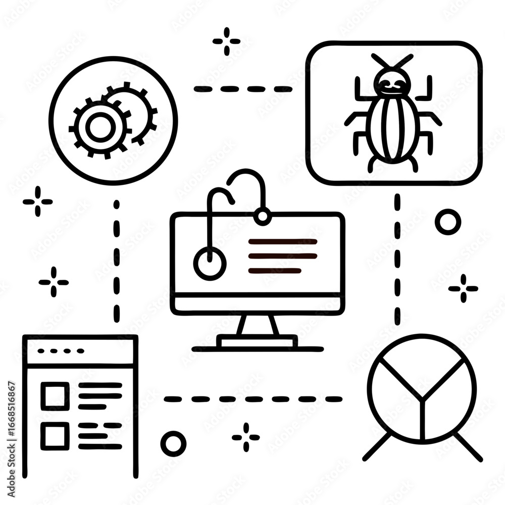 Fototapete an illustration of software development process, depicting debugging, coding, testing, and optimizat