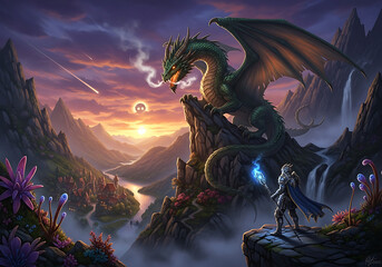 Fototapeta premium Majestic dragon perched on mountainous cliff overlooking a mystical valley at sunset with a sorcerer