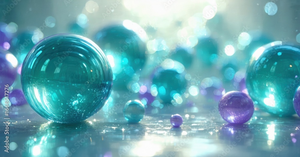Poster Shiny spheres scatter across surface. Teal, purple hues dominate scene. Light creates bokeh effect, adding depth. Reflections visible.