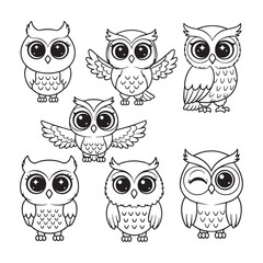 Set of Cute Cartoon Owls Outline for Coloring