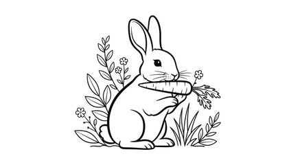 Obraz premium cute bunny rabbit eating carrot, line art, spring, easter, garden, floral
