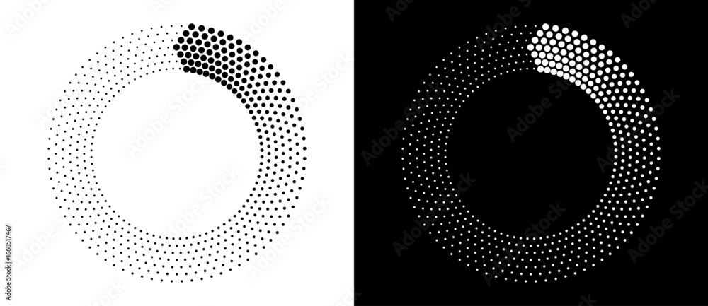 Poster circle abstract background with dynamic halftone dots like arrows. black shape on a white background