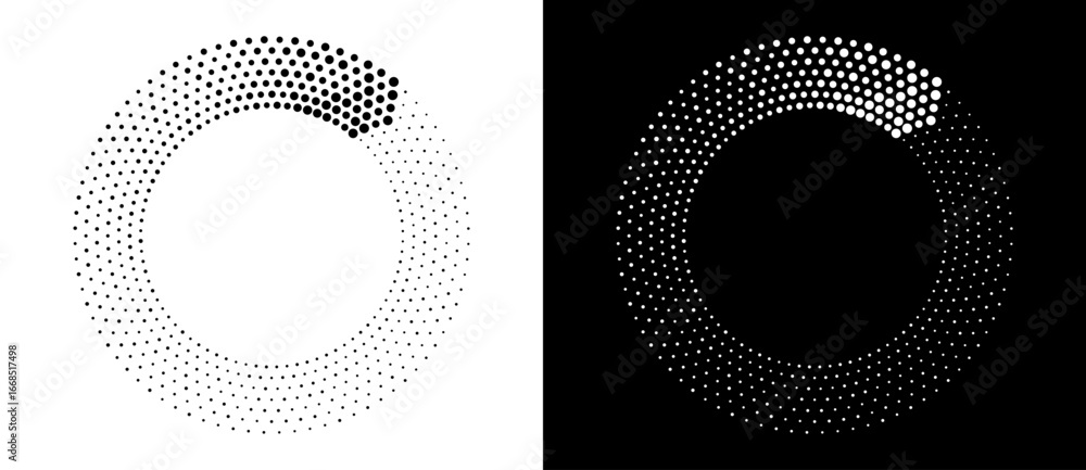 Poster circle abstract background with dynamic halftone dots like arrows. black shape on a white background