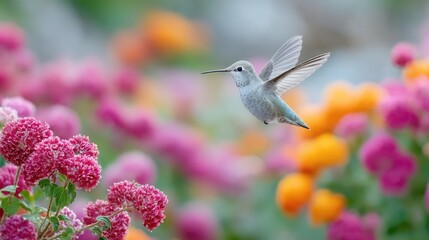 Exotic Hummingbird Hovering Near Vibrant Flowers
