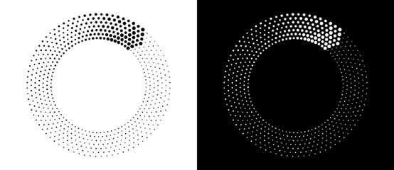 Circle abstract background with dynamic halftone dots like arrows. Black shape on a white background and the same white shape on the black side.