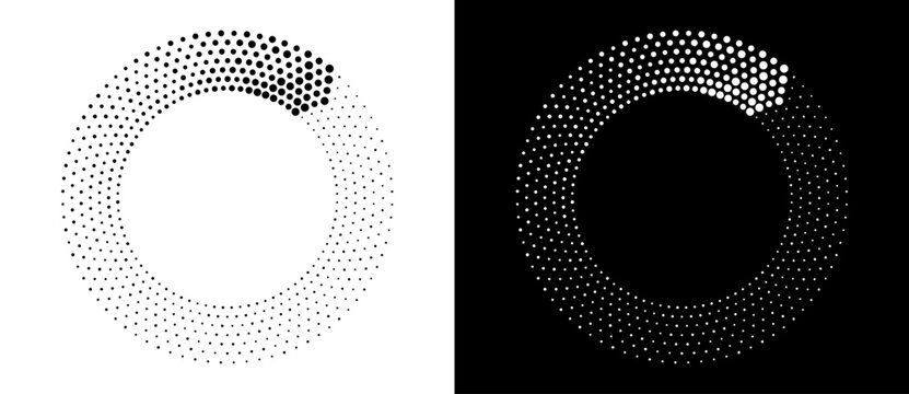Circle abstract background with dynamic halftone dots like arrows. Black shape on a white background and the same white shape on the black side.