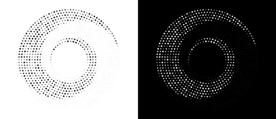 Modern abstract background. Halftone dots in spiral form. Round logo, design element or icon. Vector dotted frame. A black figure on a white background and an equally white figure on the black side.