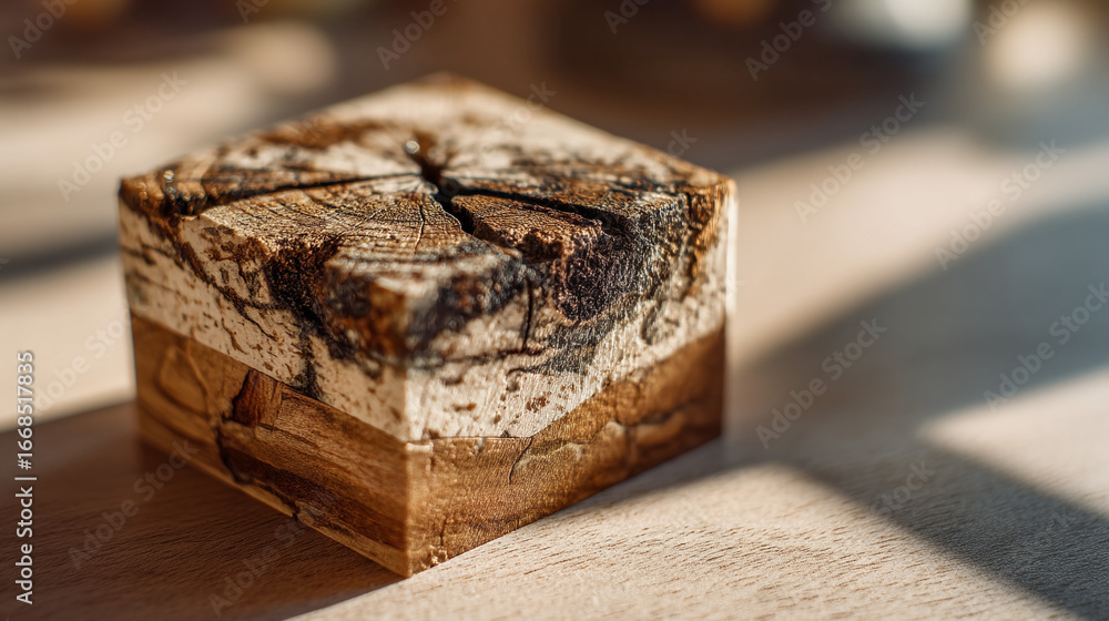Aufkleber close up of a square wooden block with visible tree rings sitting on a wooden surface