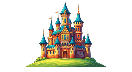 fairytale castle illustration majestic towers, green hill, fairytale kingdom