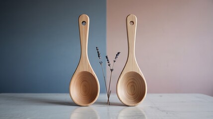 Two Wooden Spoons on Pastel Blue and Pink Background