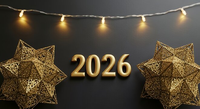 Festive gold star decorations flank the year 2026 in golden 3D numerals illuminated by a string of warm white lights against a dark background New Year