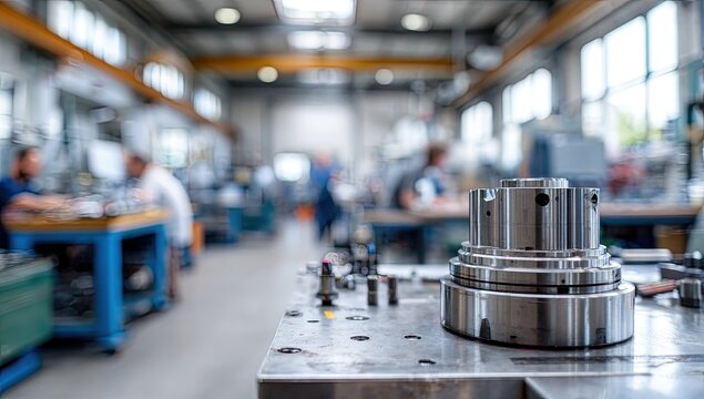 Industrial machine shop interior, focus on metal part - Powered by Adobe