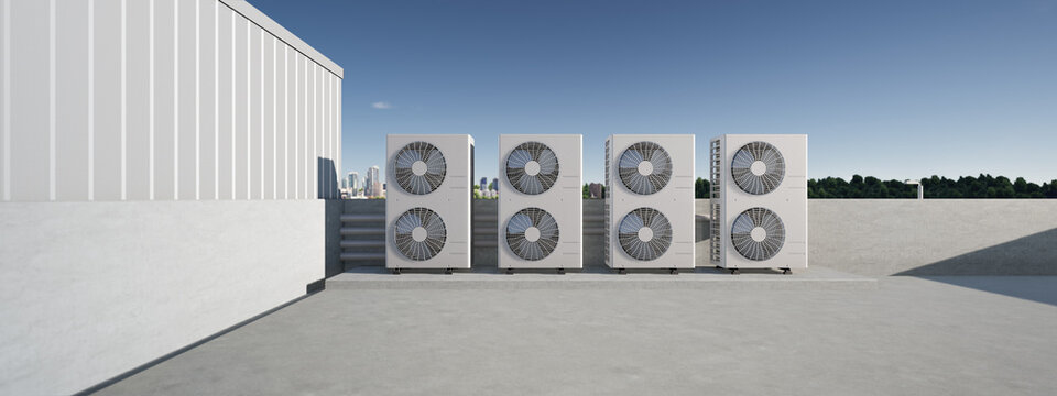 3d rendering of condenser units on rooftop of industrial building, climate control technology in air conditioning HVAC systems. Industrial cooling infrastructure for heat ventilation.