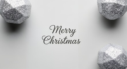 Four sparkling silver Christmas baubles are arranged on a light grey background with elegant script text reading Merry Christmas in the center holiday