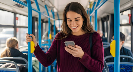 A smiling young woman uses her smartphone while commuting on a public bus, enjoying her journey and staying connected.