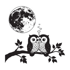Romantic Owl Couple on a Branch with Detailed Moon - Vector Illustration