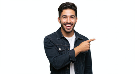Hispanic man in casual denim jacket, pointing to the side with confident smile, isolated on white background. Generative AI