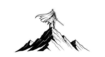 knight on mountaintop victory, achievement, sword, cape, hero, conquest