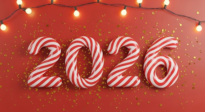 Festive 2026 numerals crafted from candy canes on a red background with golden confetti and string lights overhead holiday celebration new year Christmas