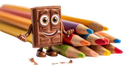 Chocolate Bar Buddy A Happy Chocolate Bar Character Surrounded by Colorful Pencils on a Transparent Background