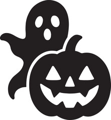 Ghost peeking from pumpkin silhouette, spooky design perfect for Halloween, horror themes, party decor, and logo.
