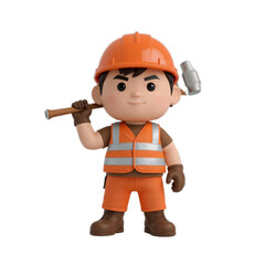 Fototapeta premium Cartoon construction worker figure with orange helmet and vest, holding a hammer over his shoulder, isolated on white.