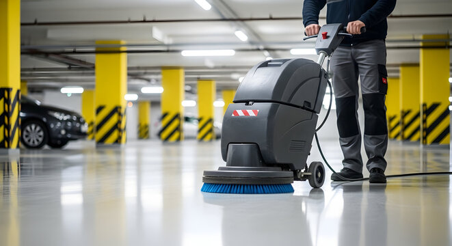 A hardworking janitor cleans a gleaming parking garage floor using a modern industrial floor scrubber machine, ensuring a spotless and safe environment for all.
