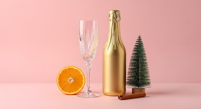 Festive gold bottle alongside a crystal flute orange slice miniature pine tree and cinnamon stick on a pink background celebration holiday christmas new year