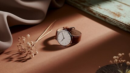White Wristwatch with Brown Leather Strap on Brown Background