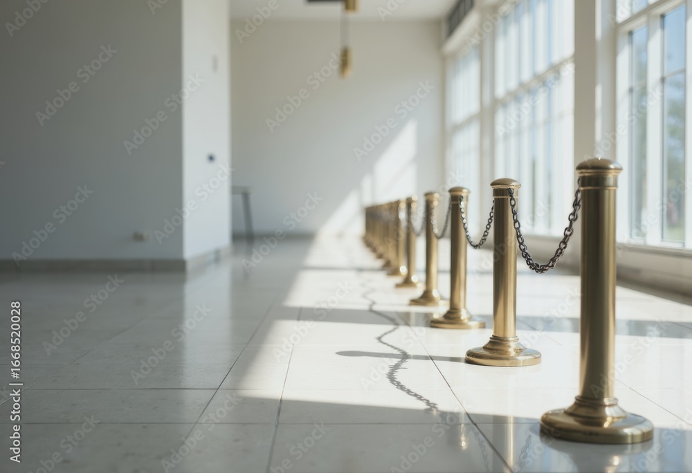 Aufkleber corridor barrier posts with a chain creating a defined space in a modern setting