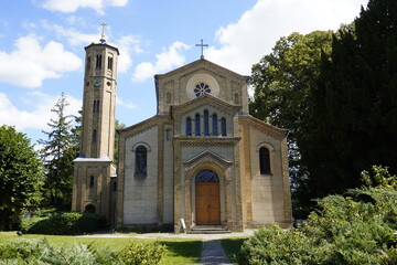 Front view of Village Church Caputh (Dorfkirche Caputh), a small 19th-century church building with...