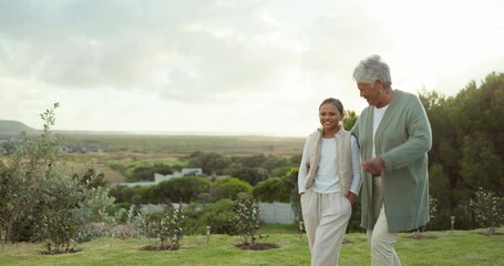 Walk, nature and grandparents bonding with their grandchildren in a garden on a family vacation. Happy, love and senior man and woman in retirement running with boy and girl in park while on holiday.