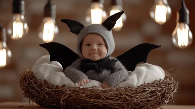 Adorable baby in a bat costume sitting in a nest with glowing lights in a cozy autumn setting
