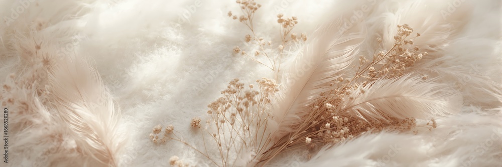 Poster a soft and fluffy background with white feathers and beige dried flowers, creating a delicate and dr