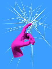 Surreal collage art. Hand touching broken glass symbol of resistance fragility and protest. Concept...